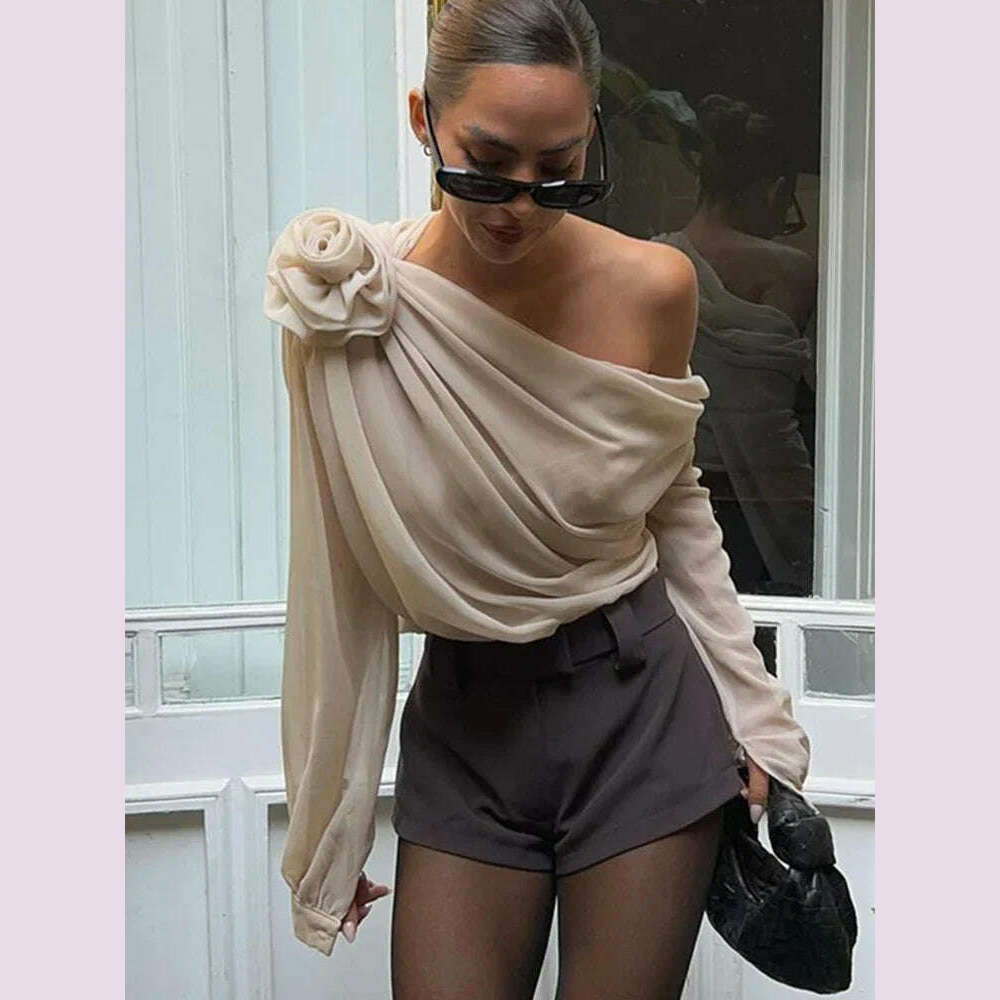 New Slope Shoulder Blouse Asymmetric  Cropped Blouse Apricot  Pile Up Shirts Women Top Autumn New Elegant Fashiin Blouse