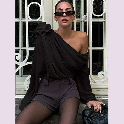 New Slope Shoulder Blouse Asymmetric  Cropped Blouse Apricot  Pile Up Shirts Women Top Autumn New Elegant Fashiin Blouse