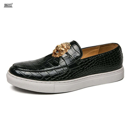 New stone print sneakers crocodile print men's casual shoes cover feet fringe board shoes English flat slip-on lazy loafers A1