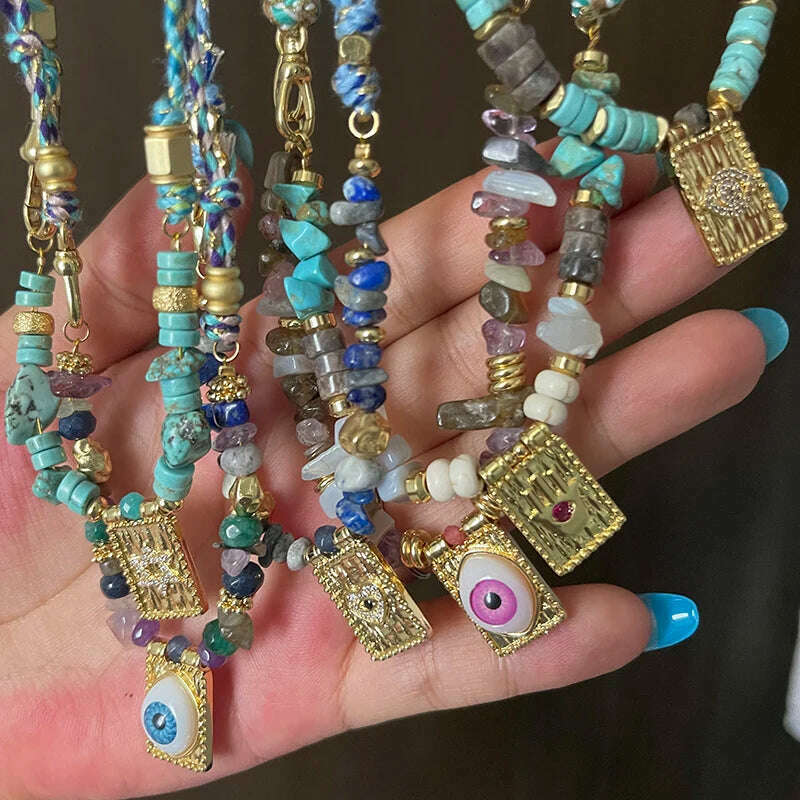 New Style Multi Color Braided Rope Star Moon Heart Hand Eye Charm Necklace,Unique Mix Stone 18K Gold Cotton Cord Jewelry Finding