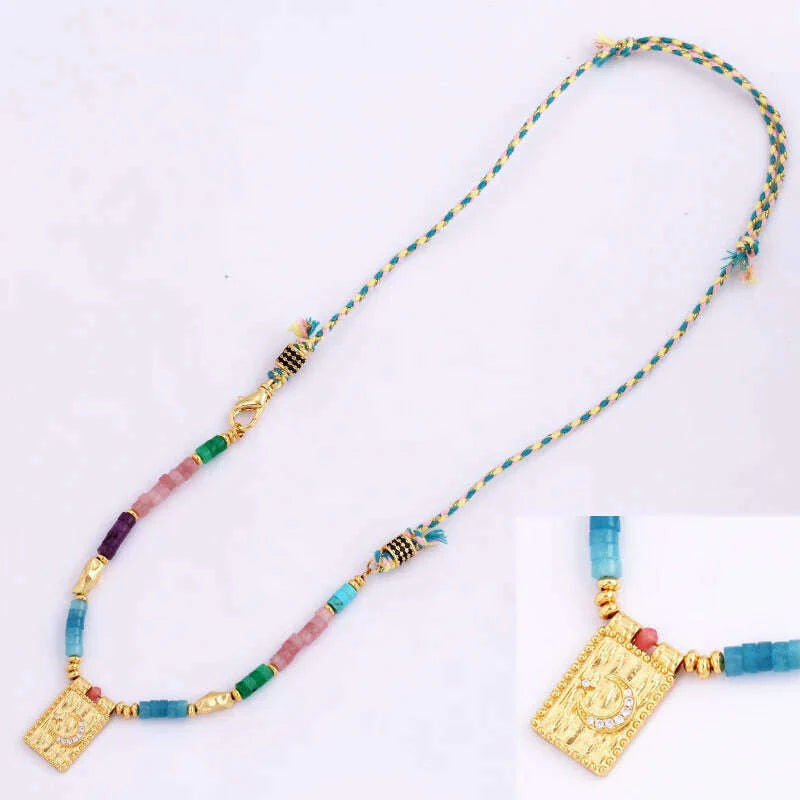 New Style Multi Color Braided Rope Star Moon Heart Hand Eye Charm Necklace,Unique Mix Stone 18K Gold Cotton Cord Jewelry Finding