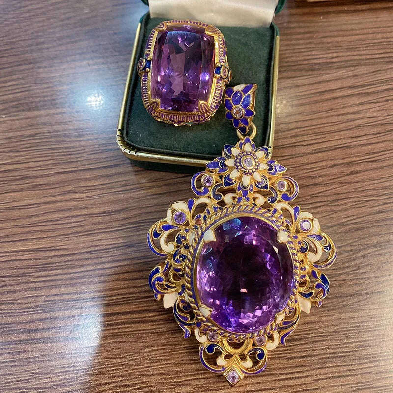 New Vintage High Quality Oval Purple Stone Jewelry Sets For Women Luxury Medieval Enamel Hollow Out Big Pendant Necklaces Rings
