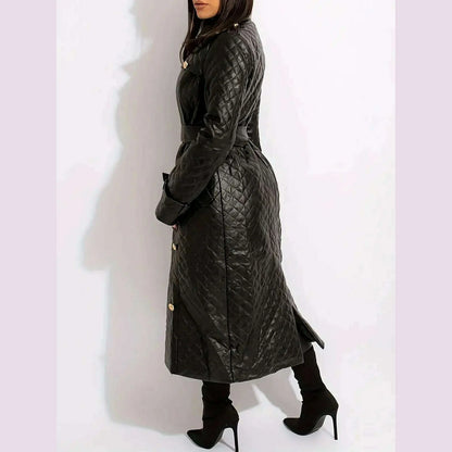 New Winter Luxury Design Double Breasted Black PU Leather Long Coats for Ladies Plus Size Quality Street Women Trench With Belt