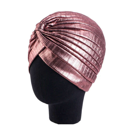 New Women's Metallic Pleated Knot Turban Hat Retro Ethnic Hat Elastic Head Wrap Shiny Beanies Head Scarf Bonnet Chemo Cap