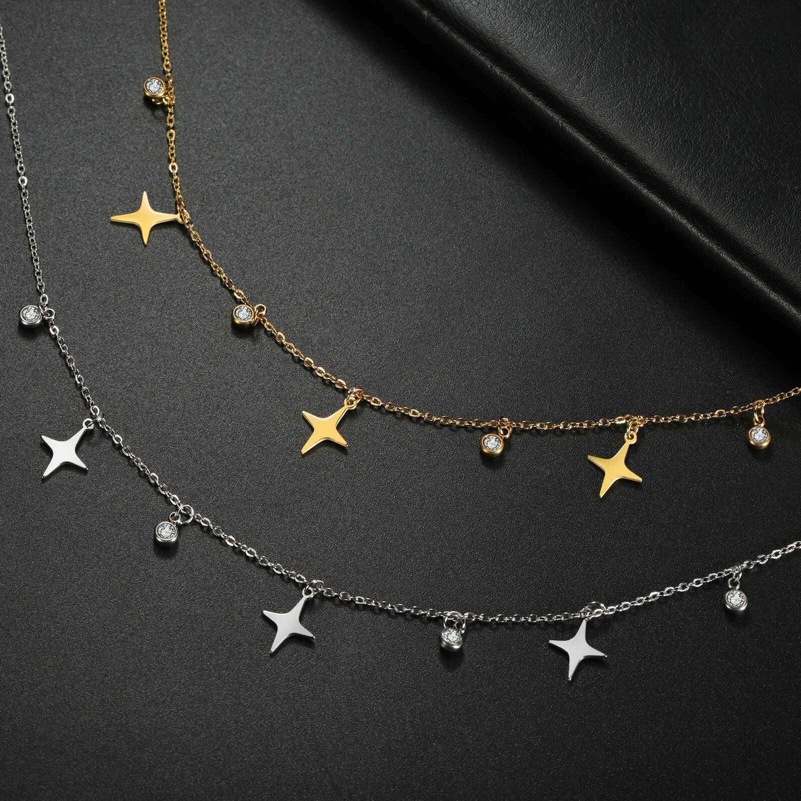 North Star Clear Zircon Pendant Tassel Necklace Women Girls Stainless Steel Chain Choker Fashion Jewelry Birthday Gift Wholesale