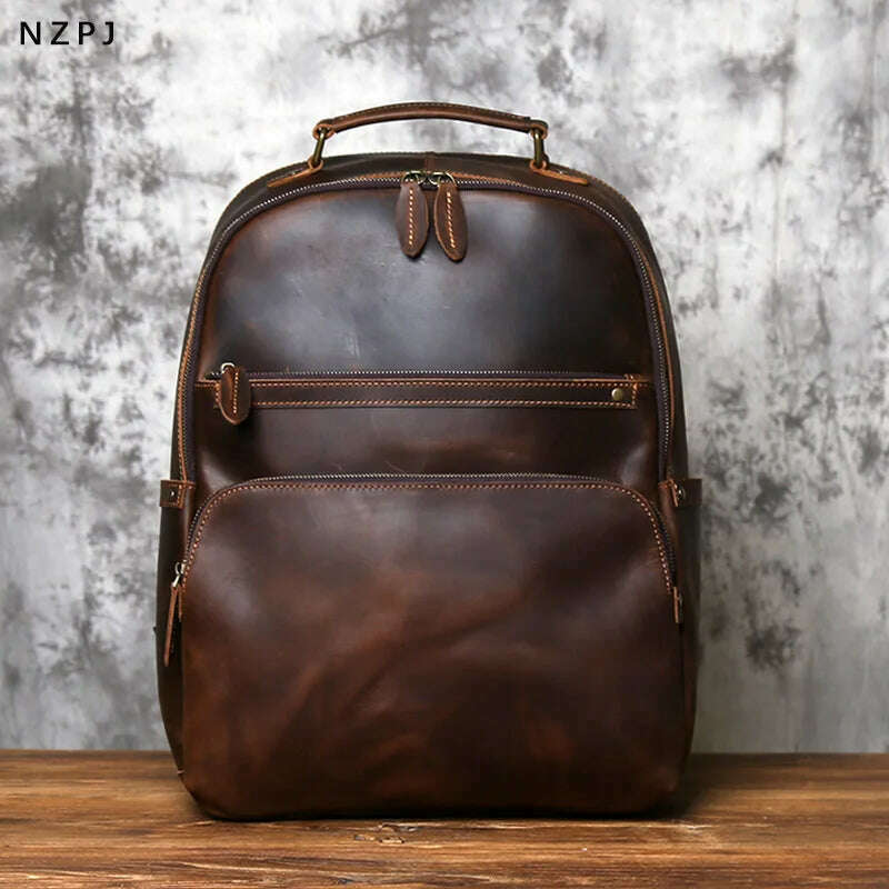 NZPJ Retro Genuine Leather Men's Backpack Large Capacity Head Layer Leather Backpack Casual Crazy Horse Leather Laptop Bag