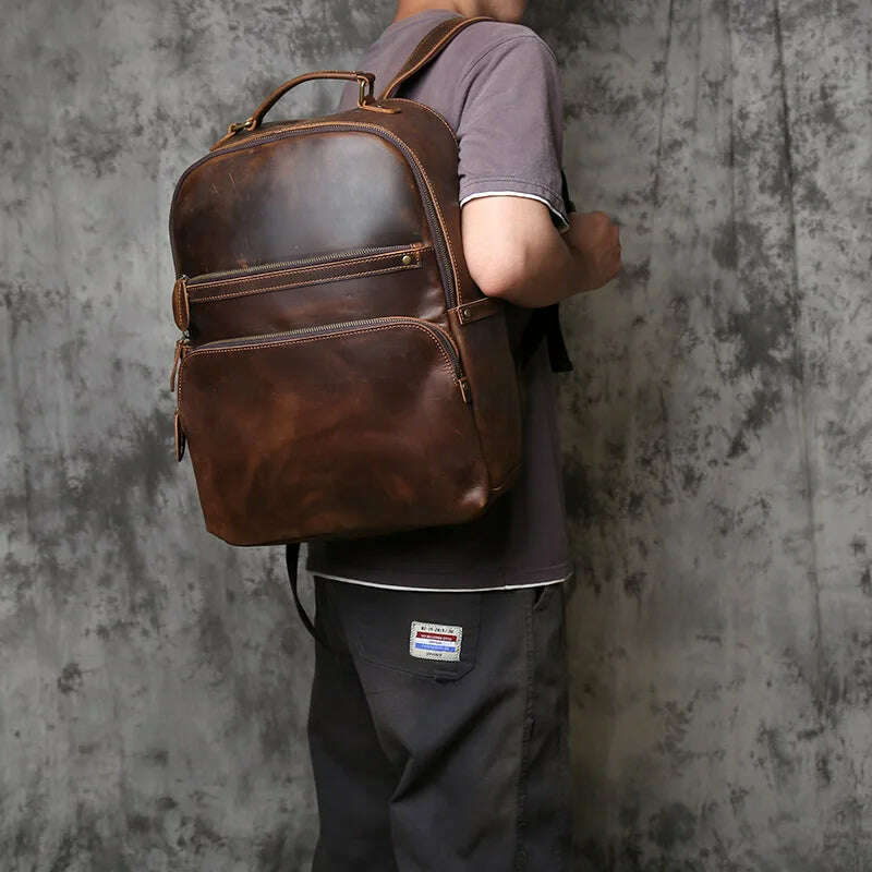 NZPJ Retro Genuine Leather Men's Backpack Large Capacity Head Layer Leather Backpack Casual Crazy Horse Leather Laptop Bag