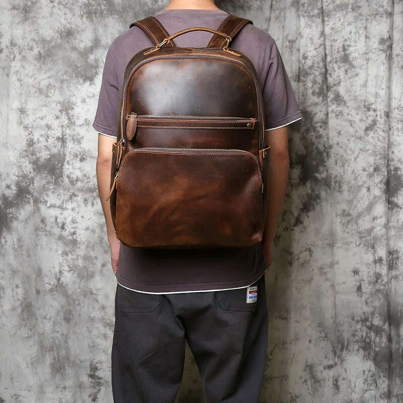 NZPJ Retro Genuine Leather Men's Backpack Large Capacity Head Layer Leather Backpack Casual Crazy Horse Leather Laptop Bag