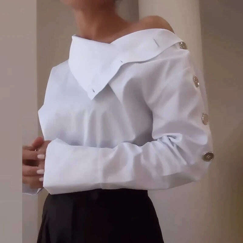 Office Ladies One Shoulder Temperament Blouse 2025 Fashion Metal Button Slim Shirts Vestido Women New White Long Sleeve Tops