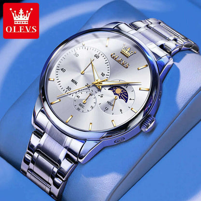 OLEVS Men's Watches Simple Casual Original Quartz Watch for Man Waterproof Stainleess Steel Luminous Moon Phase Chronograph 24H