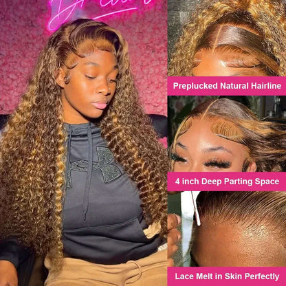 Ombre Highlight Wig 100% Human Hair Curly Loose Deep Wave Lace Frontal Wig 4/27 Colored Brazilian 13x4 Lace Front Wigs For Women