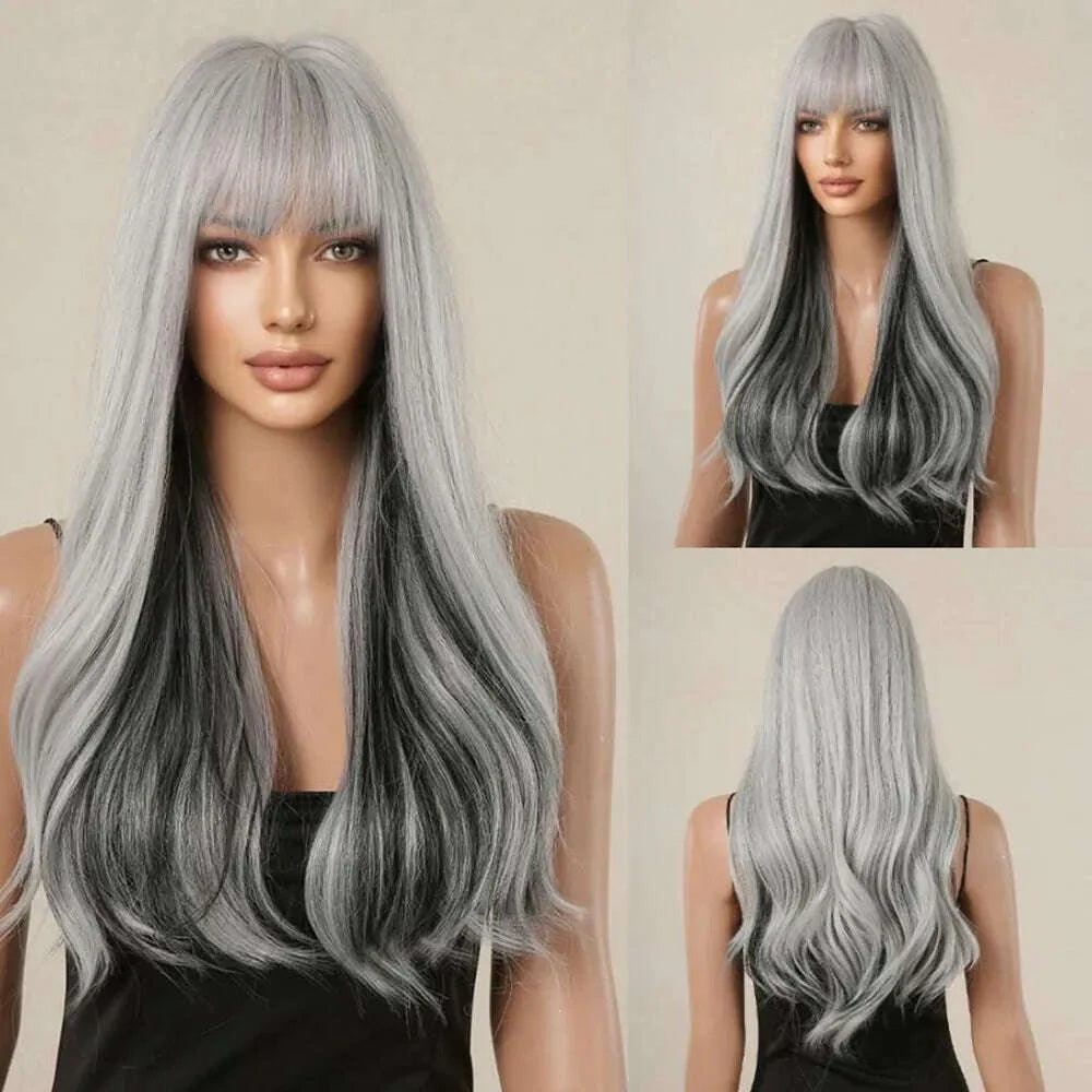 Ombre Honey Brown Synthetic Hair Wigs Long Natural Body Wavy Wig with Bangs Realistic Daily Party Soft Wig Heat Resistant Fiber