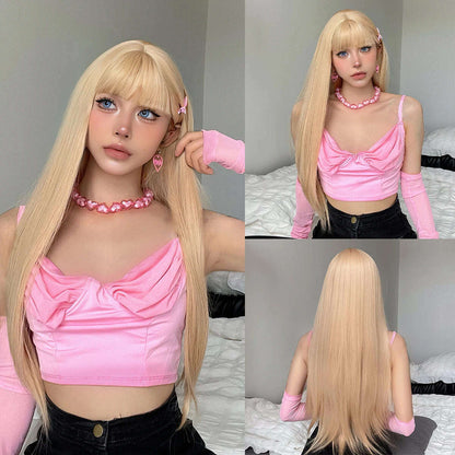 Ombre Synthetic Straight Cosplay Women Hair Platinum Blonde to Black Hair Long Layered Natural Wigs with Bangs for White Women