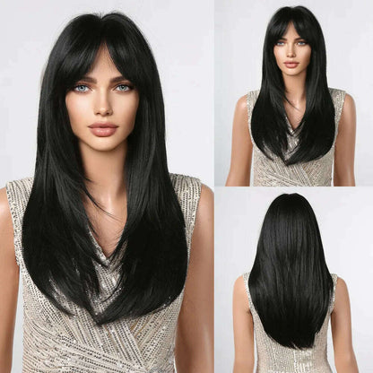 Ombre Synthetic Straight Cosplay Women Hair Platinum Blonde to Black Hair Long Layered Natural Wigs with Bangs for White Women