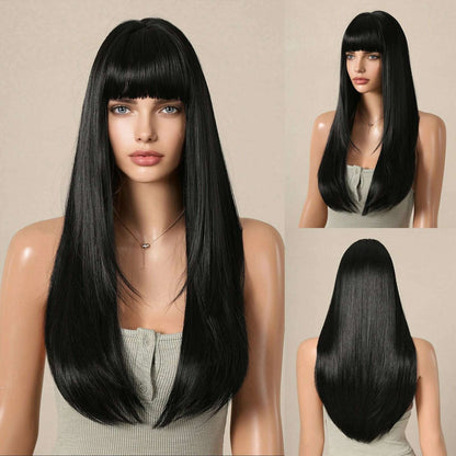 Ombre Synthetic Straight Cosplay Women Hair Platinum Blonde to Black Hair Long Layered Natural Wigs with Bangs for White Women