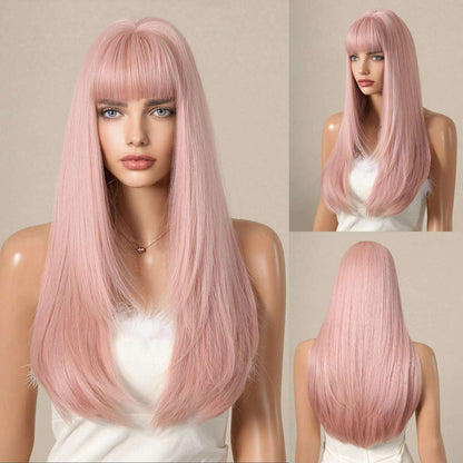 Ombre Synthetic Straight Cosplay Women Hair Platinum Blonde to Black Hair Long Layered Natural Wigs with Bangs for White Women