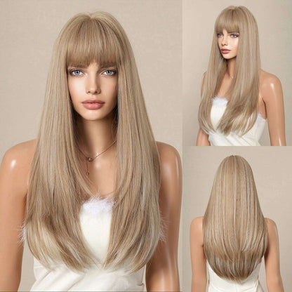 Ombre Synthetic Straight Cosplay Women Hair Platinum Blonde to Black Hair Long Layered Natural Wigs with Bangs for White Women