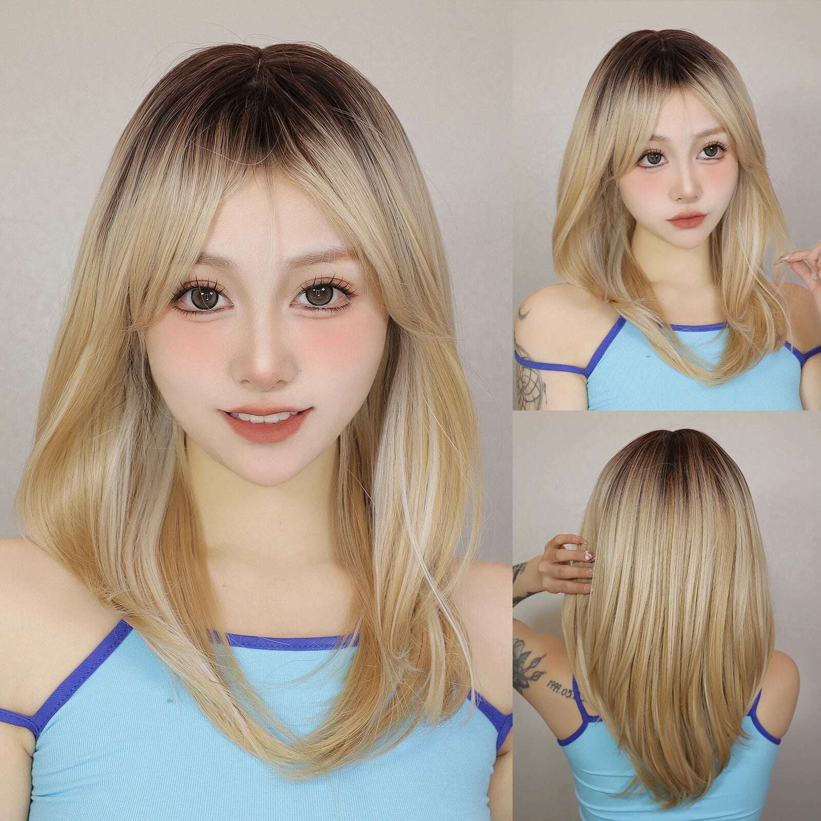 Ombre Synthetic Straight Cosplay Women Hair Platinum Blonde to Black Hair Long Layered Natural Wigs with Bangs for White Women