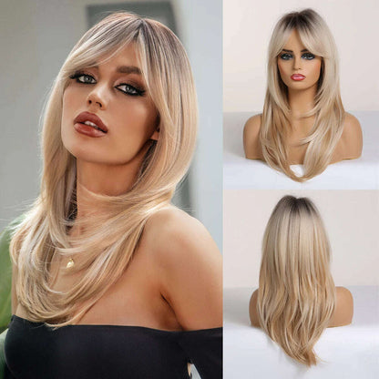 Ombre Synthetic Straight Cosplay Women Hair Platinum Blonde to Black Hair Long Layered Natural Wigs with Bangs for White Women