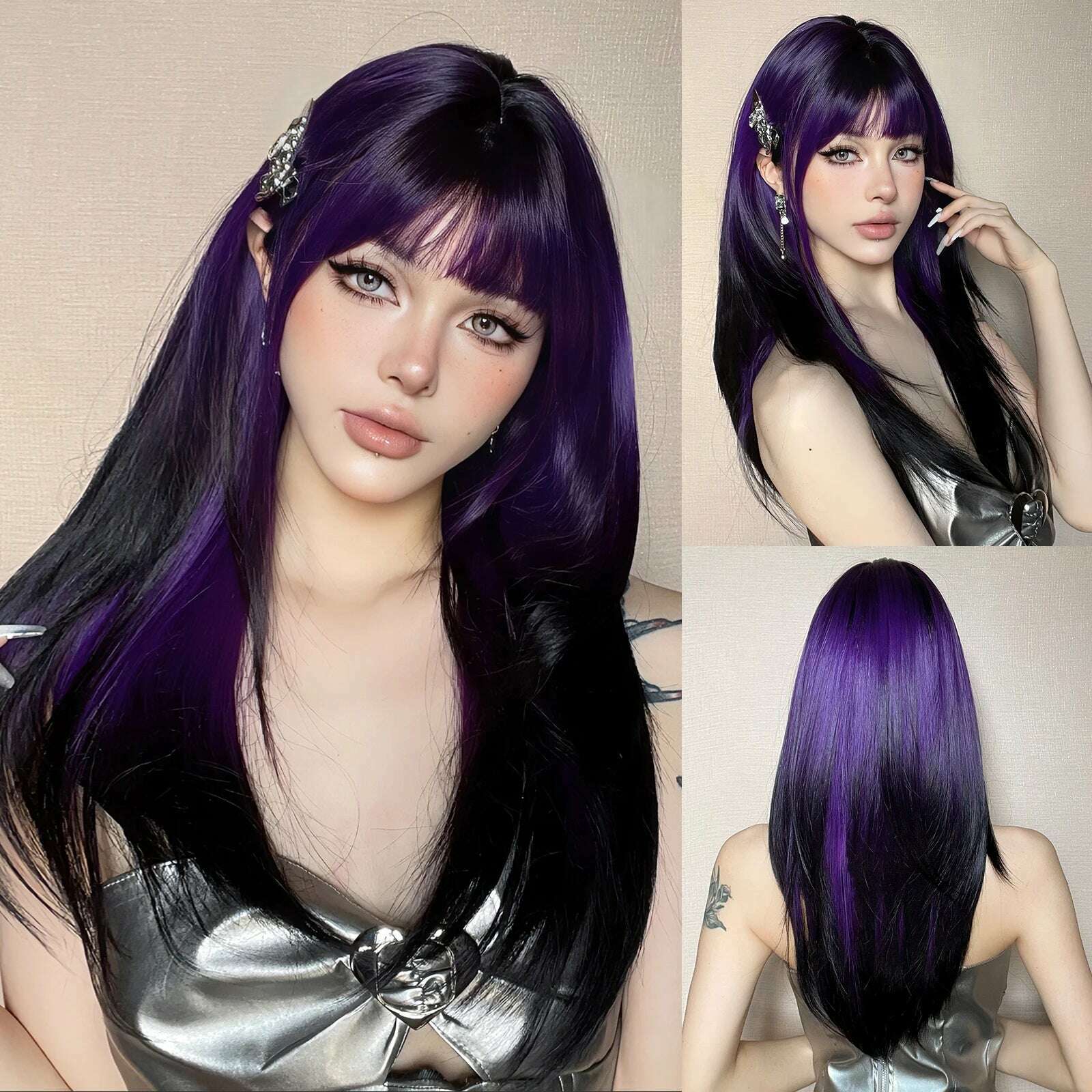 Ombre Synthetic Straight Cosplay Women Hair Platinum Blonde to Black Hair Long Layered Natural Wigs with Bangs for White Women