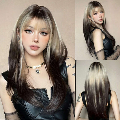 Ombre Synthetic Straight Cosplay Women Hair Platinum Blonde to Black Hair Long Layered Natural Wigs with Bangs for White Women