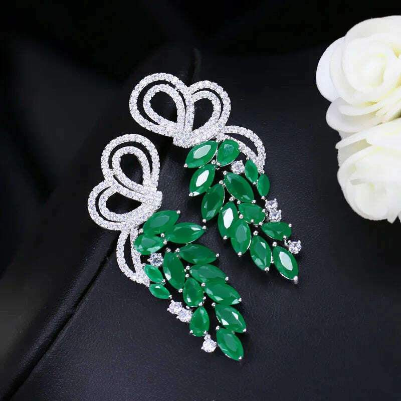 Pera Fashion Silver Color Ear Jewelry Hanging Leaf Shape Green CZ Stone Long Symmetrical Drop Earrings for Women Party Gift E164