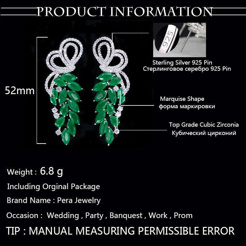 Pera Fashion Silver Color Ear Jewelry Hanging Leaf Shape Green CZ Stone Long Symmetrical Drop Earrings for Women Party Gift E164