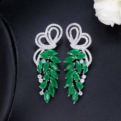 Pera Fashion Silver Color Ear Jewelry Hanging Leaf Shape Green CZ Stone Long Symmetrical Drop Earrings for Women Party Gift E164