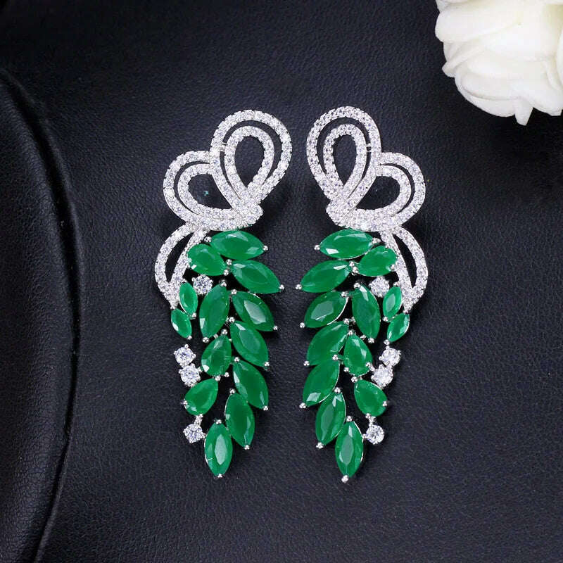 Pera Fashion Silver Color Ear Jewelry Hanging Leaf Shape Green CZ Stone Long Symmetrical Drop Earrings for Women Party Gift E164