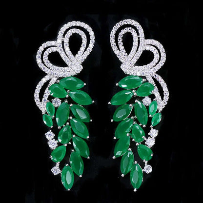 Pera Fashion Silver Color Ear Jewelry Hanging Leaf Shape Green CZ Stone Long Symmetrical Drop Earrings for Women Party Gift E164