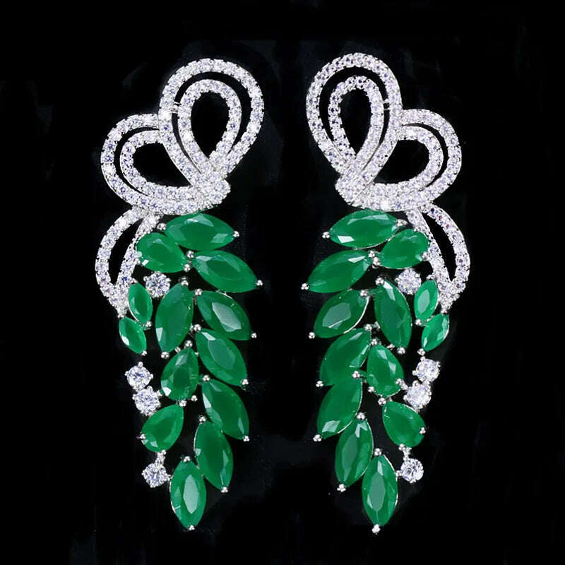 Pera Fashion Silver Color Ear Jewelry Hanging Leaf Shape Green CZ Stone Long Symmetrical Drop Earrings for Women Party Gift E164
