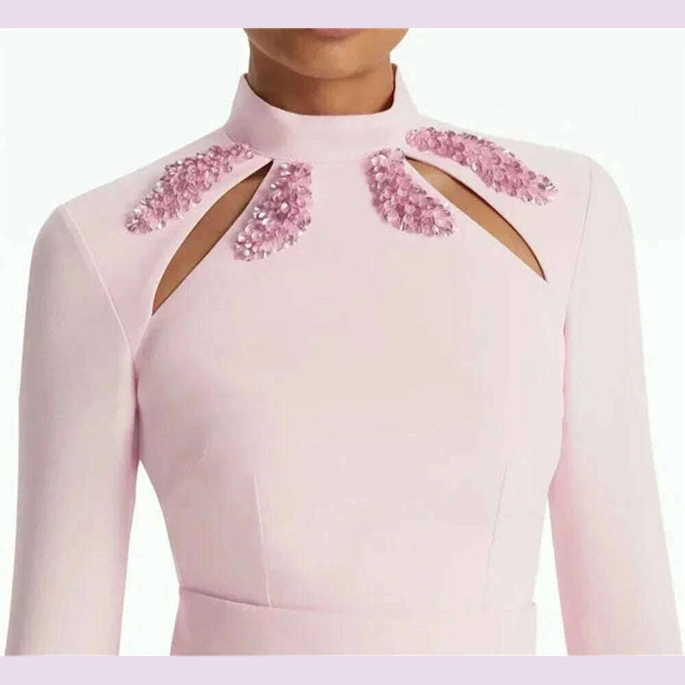 Pink High Neck Crystal Luxury Long Sleeves Mermaid Formal Evening Dress For Woman Floor Length Fashion Classy 2024 Prom Gown