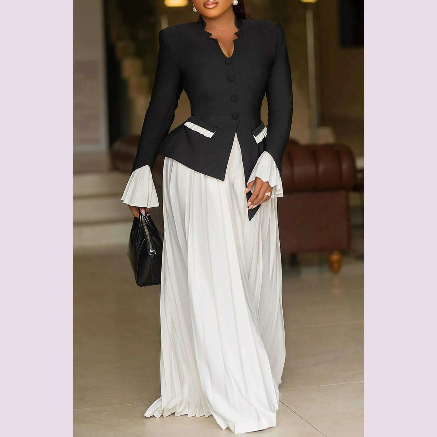Plus Size Business Casual Black V Neck Long Sleeve Pleated Pocket Two Piece Pants Sets
