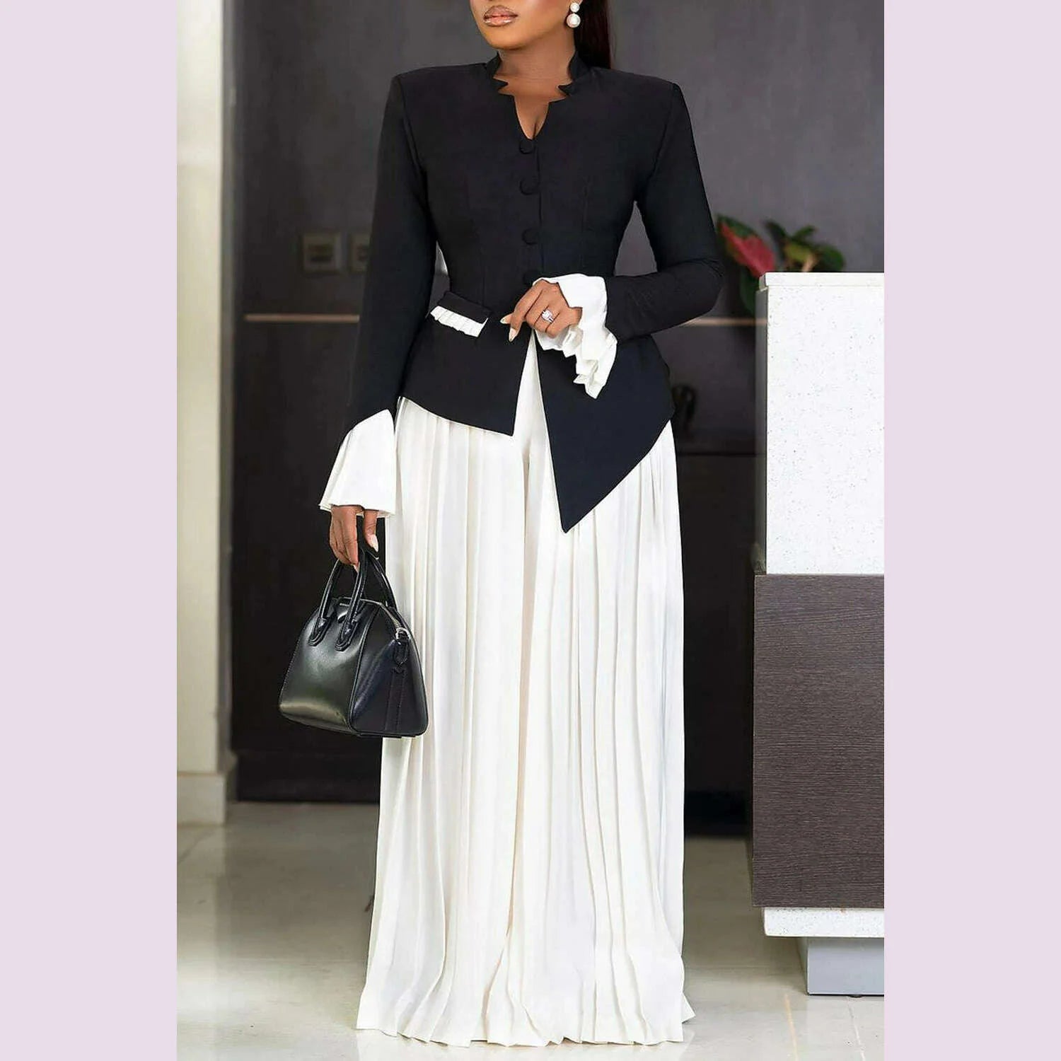 Plus Size Business Casual Black V Neck Long Sleeve Pleated Pocket Two Piece Pants Sets