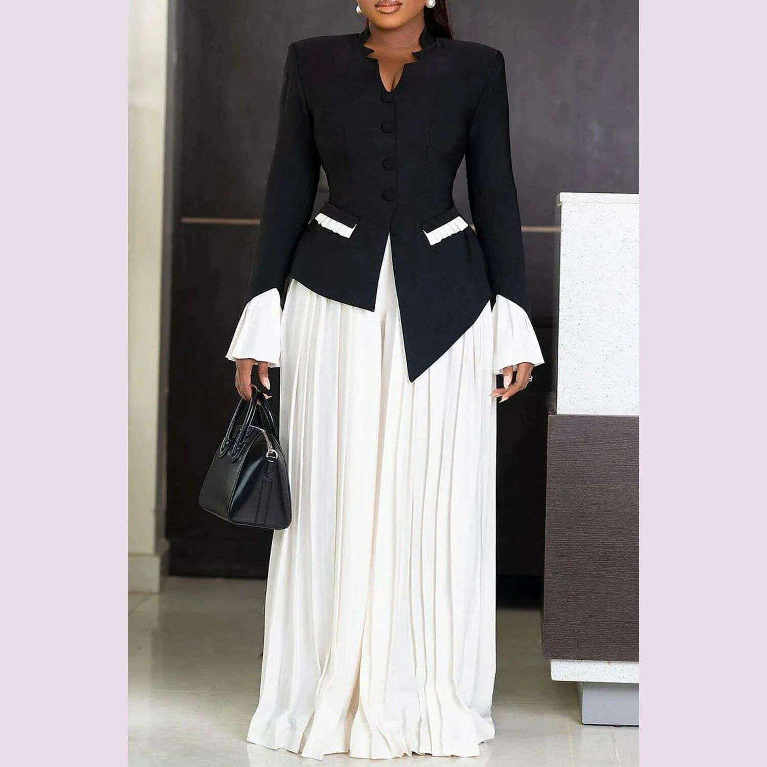 Plus Size Business Casual Black V Neck Long Sleeve Pleated Pocket Two Piece Pants Sets