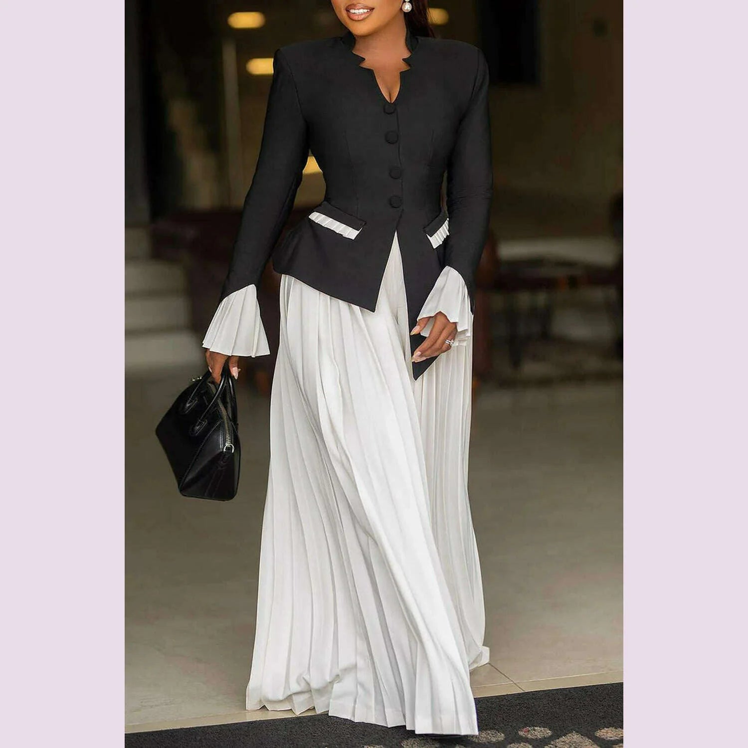 Plus Size Business Casual Black V Neck Long Sleeve Pleated Pocket Two Piece Pants Sets