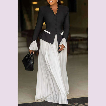 Plus Size Business Casual Black V Neck Long Sleeve Pleated Pocket Two Piece Pants Sets