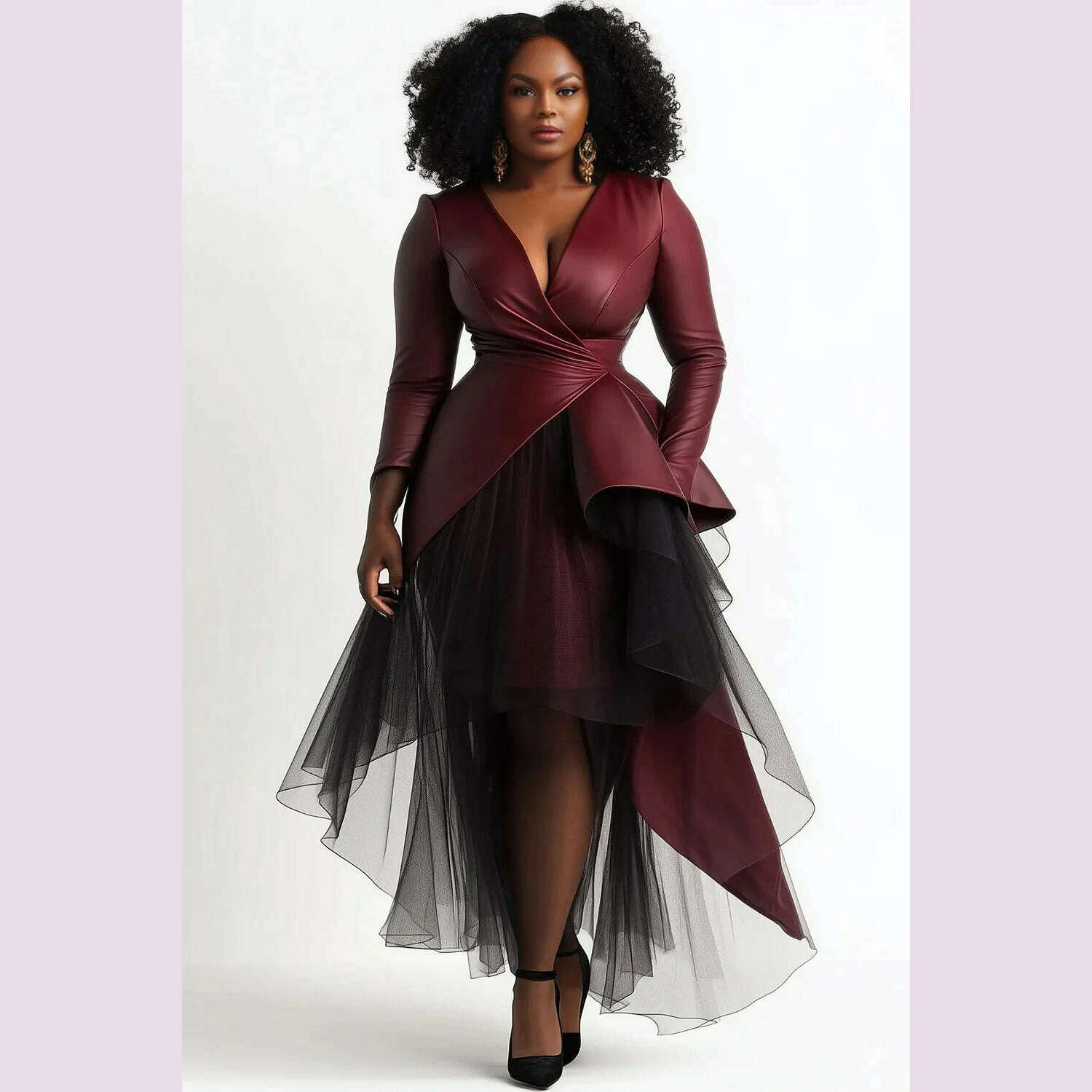 Plus Size Cocktail Party Burgundy Wrap Neck Long Sleeve Asymmetric Hem Contrast Tulle PU Leather Midi Dresses
