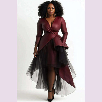 Plus Size Cocktail Party Burgundy Wrap Neck Long Sleeve Asymmetric Hem Contrast Tulle PU Leather Midi Dresses