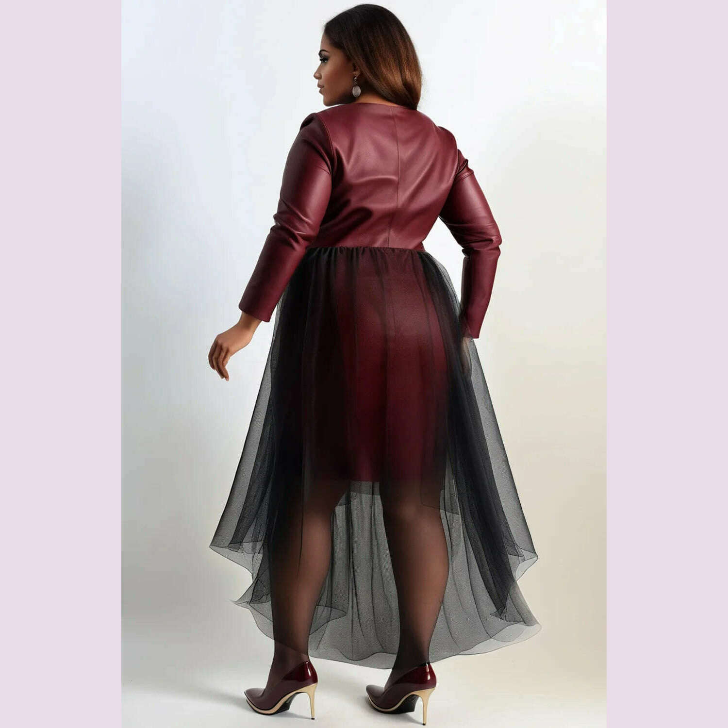 Plus Size Cocktail Party Burgundy Wrap Neck Long Sleeve Asymmetric Hem Contrast Tulle PU Leather Midi Dresses