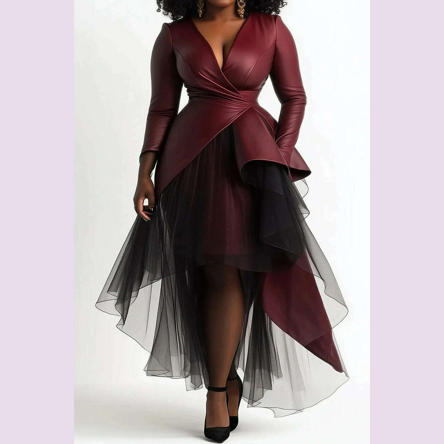 Plus Size Cocktail Party Burgundy Wrap Neck Long Sleeve Asymmetric Hem Contrast Tulle PU Leather Midi Dresses