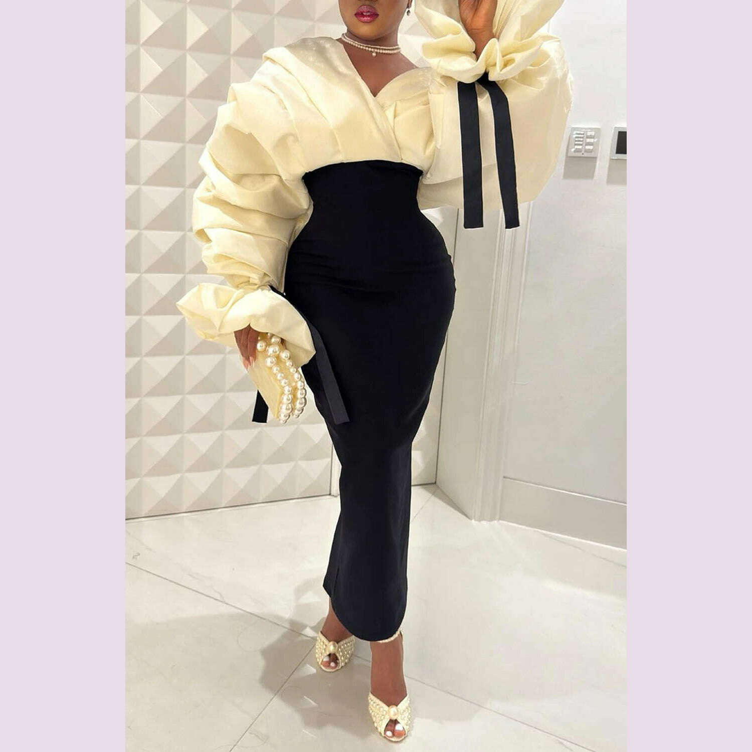 Plus Size Formal Black Wrap Neck Batwing Sleeve Long Sleeve Fold Maxi Dresses
