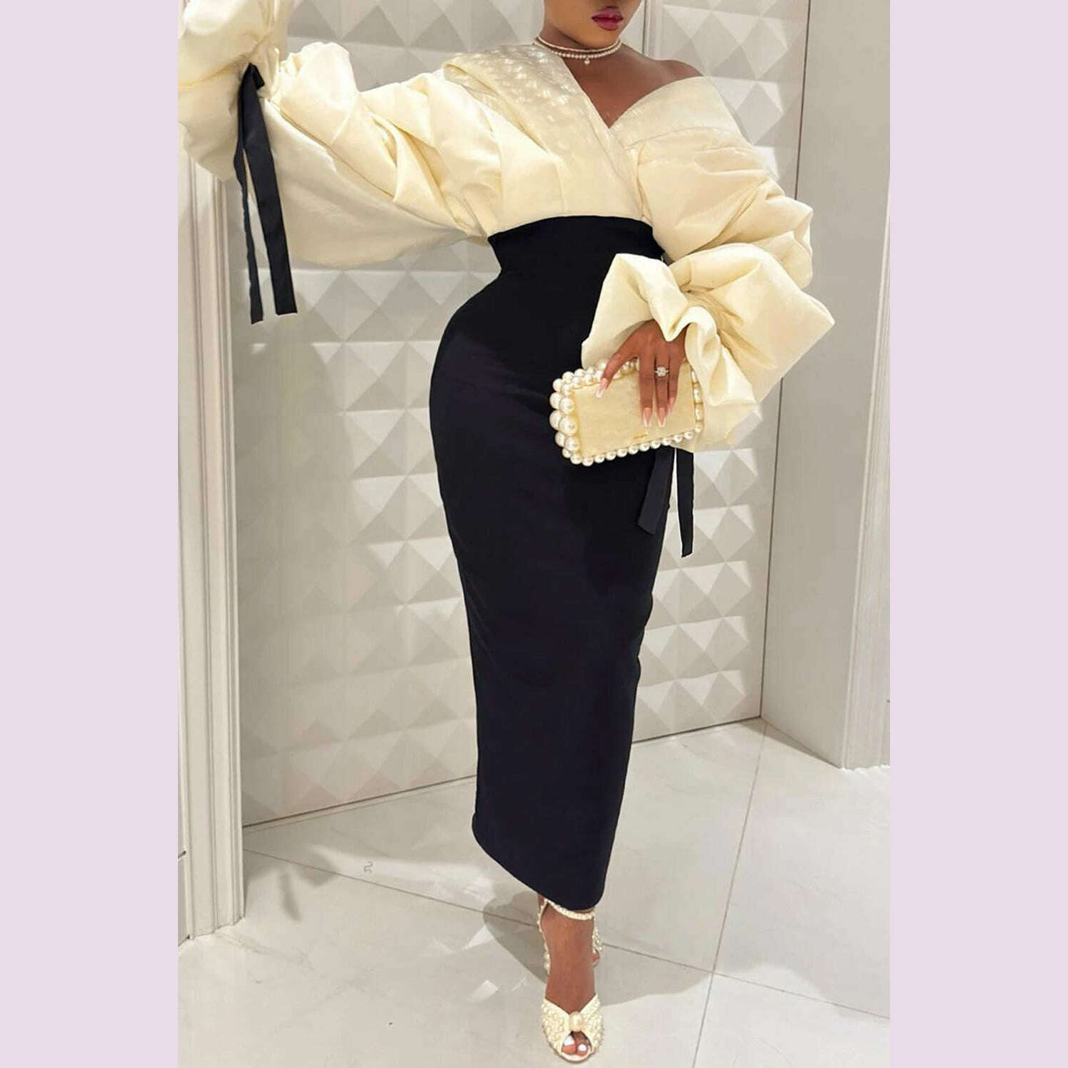 Plus Size Formal Black Wrap Neck Batwing Sleeve Long Sleeve Fold Maxi Dresses