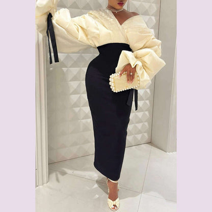 Plus Size Formal Black Wrap Neck Batwing Sleeve Long Sleeve Fold Maxi Dresses
