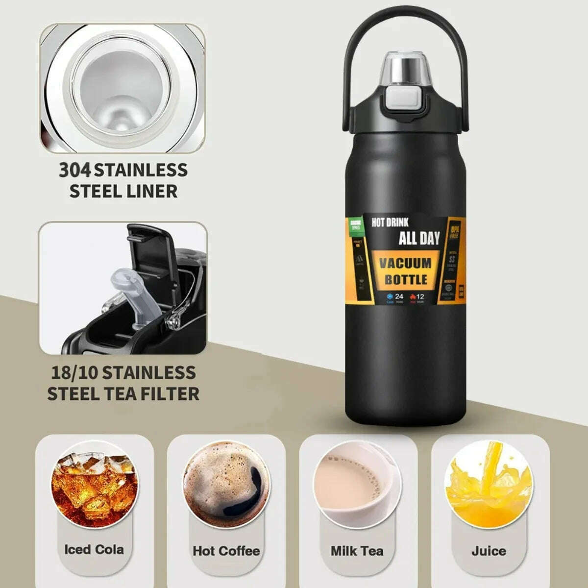 Portable Thermos with Straw Outdoor Sport 304 Stainless Steel Thermal Mug Tumbler Travel Outdoor Vacuum Flasks Hot Water Bottle