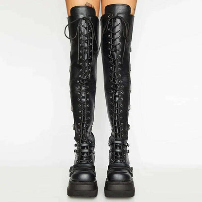 Punk Over-the-knee Boots Women Platform Heels Belt Buckle  Boot Motorcycle Goth Shoe Thigh High Flat Boots Plus Size 42 43