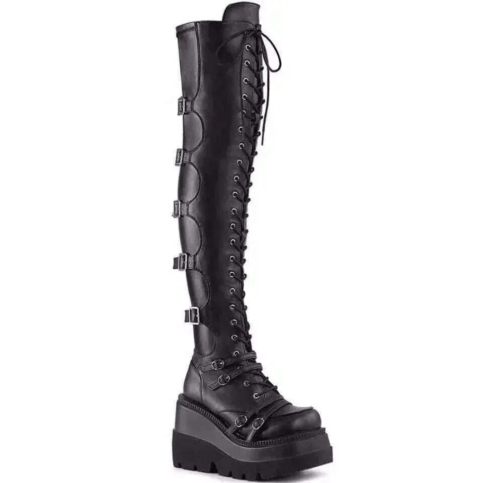 Punk Over-the-knee Boots Women Platform Heels Belt Buckle  Boot Motorcycle Goth Shoe Thigh High Flat Boots Plus Size 42 43