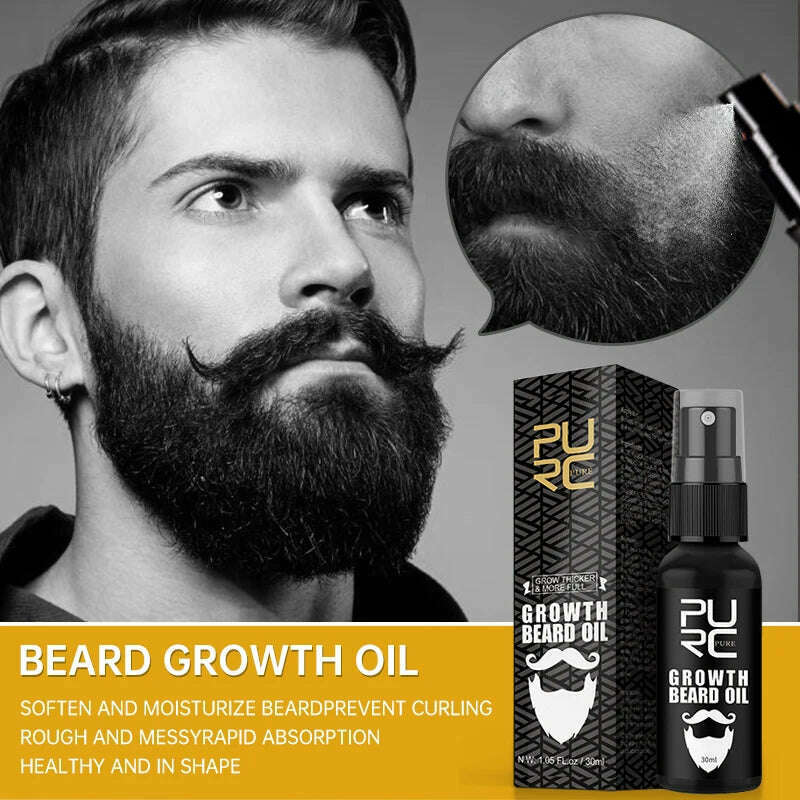 PURC Beard Growth Spray Essential Oil Beard Growth Oil For Men Thicker Full Attractive Hair Growth Beard Oil Care Beauty Health