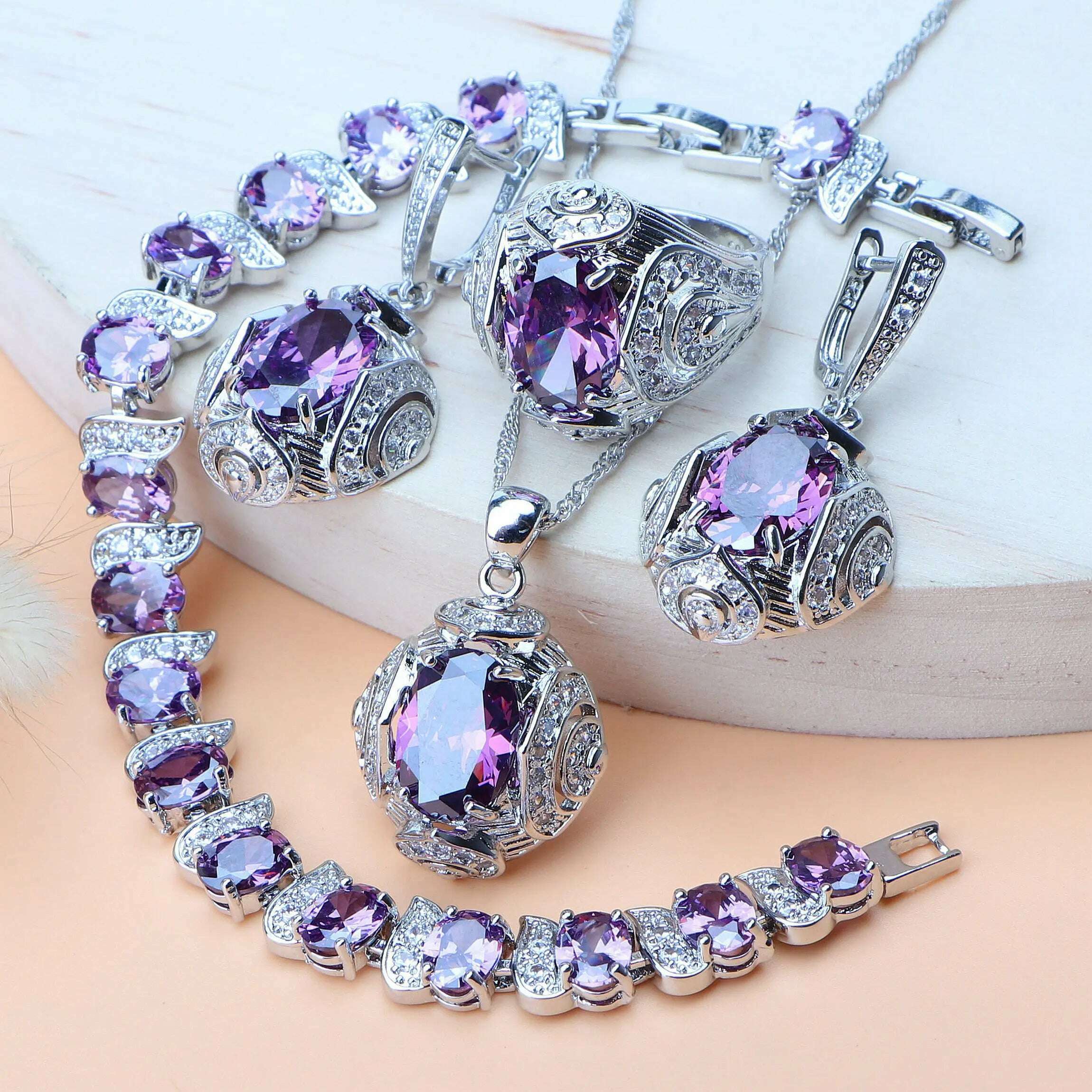 Rainbow Natural Zircon Jewelry Sets 925 Sterling Silver Women Wedding Jewelry Earrings Bracelets Rings Pendant Necklace Set