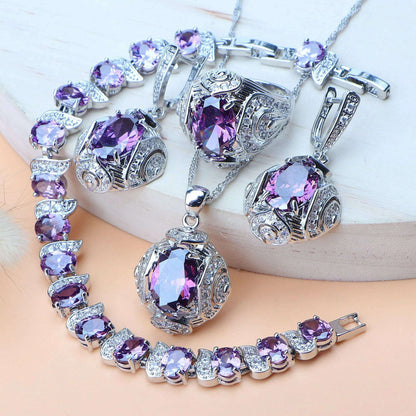 Rainbow Natural Zircon Jewelry Sets 925 Sterling Silver Women Wedding Jewelry Earrings Bracelets Rings Pendant Necklace Set